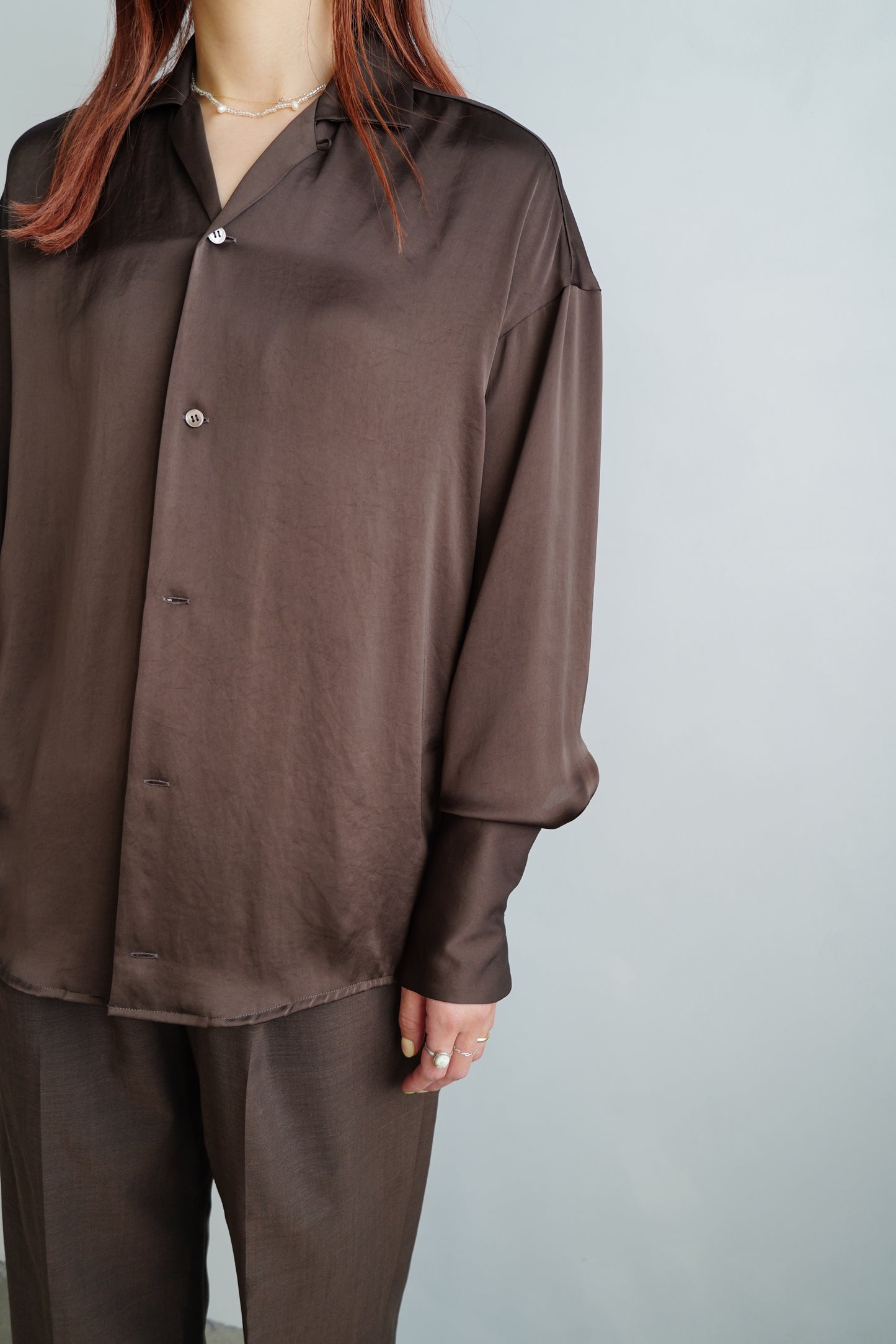 Open Collar Satin Shirts / BROWN -5月23-28日発送-