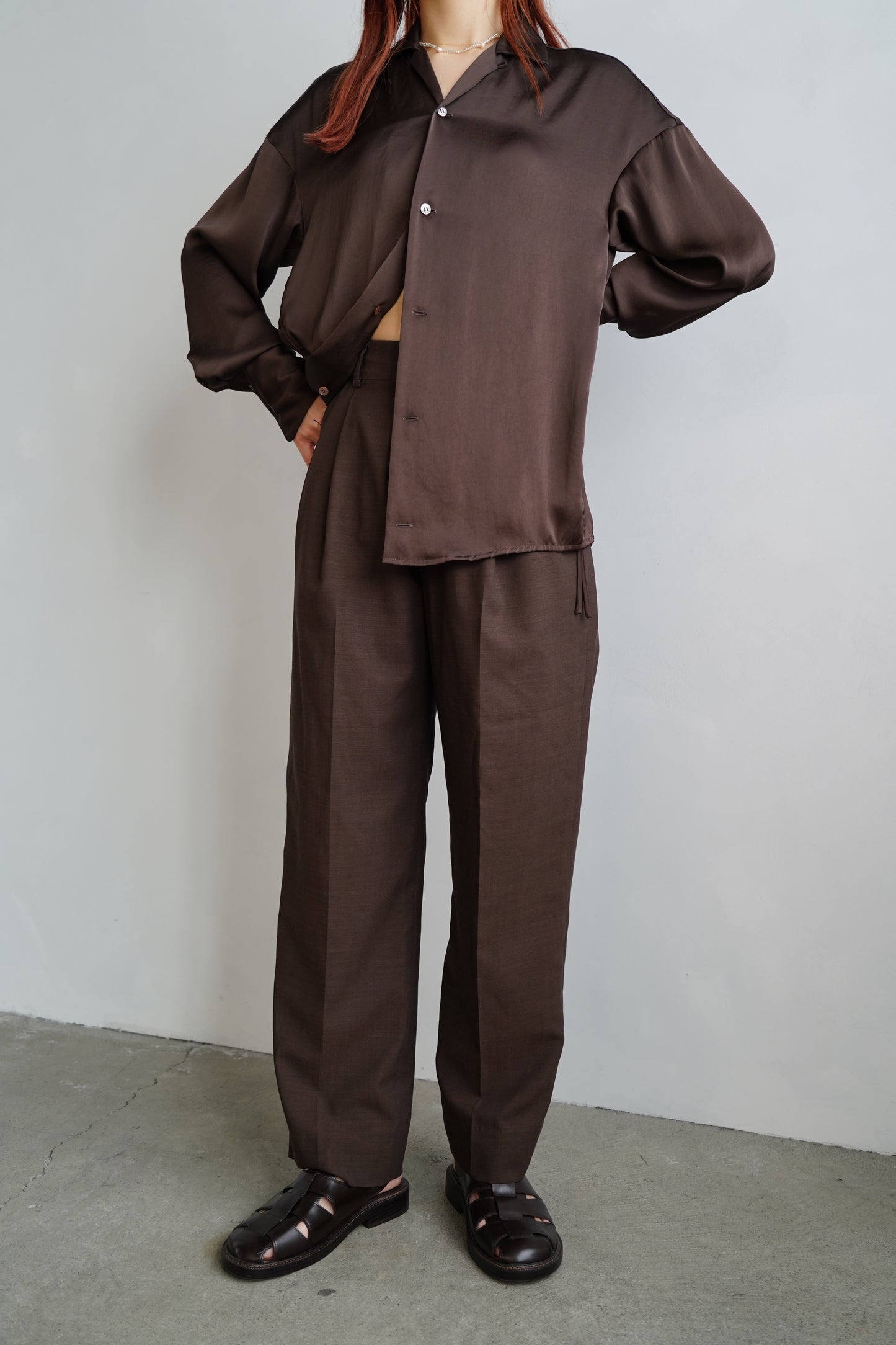 Open Collar Satin Shirts / BROWN -5月23-28日発送-