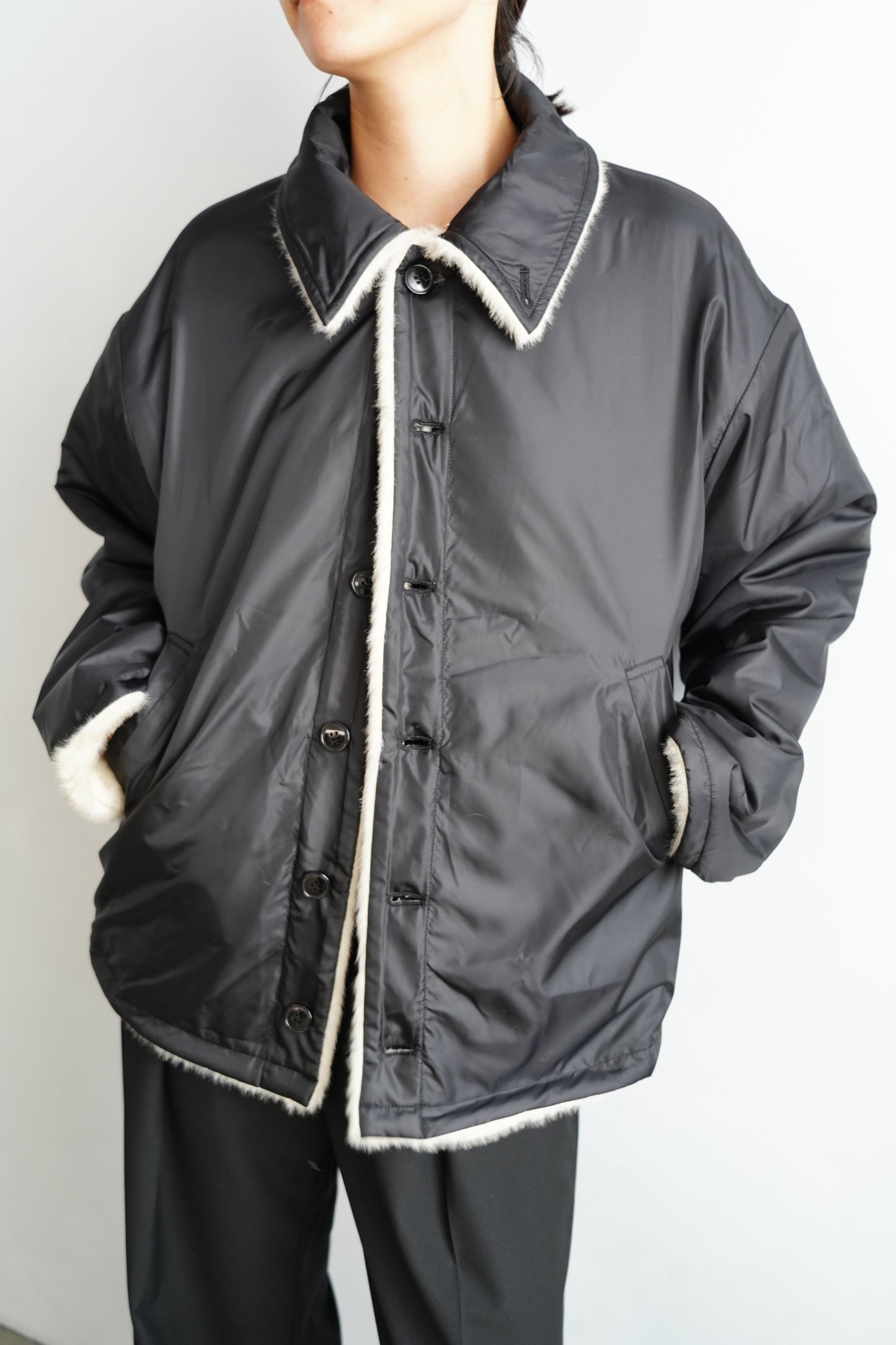 Reversible Fur Nylon Blouson / BLACKCREAM