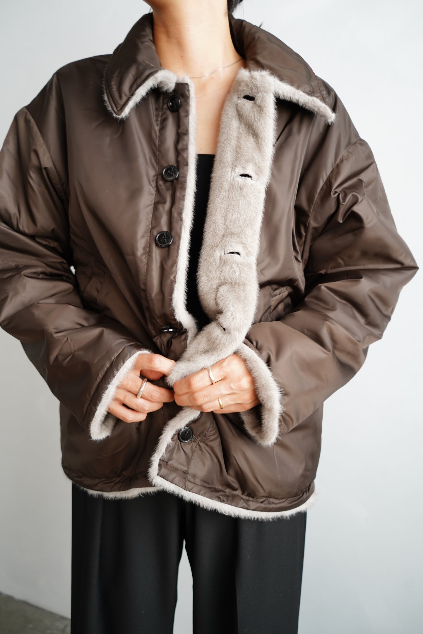 Reversible Fur Nylon Blouson / BROWNGREIGE