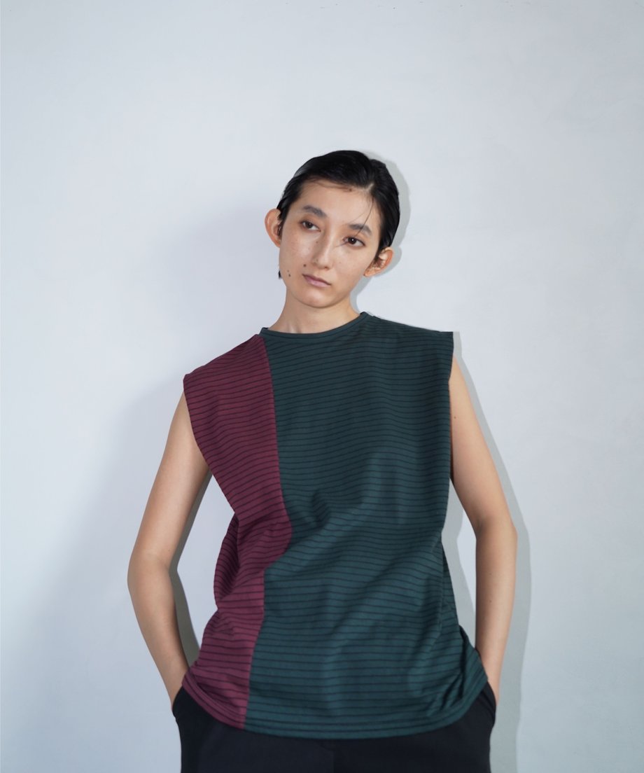 【SAMPLE SALE】Nosleeve Border Tops/GREENBORDEAUX