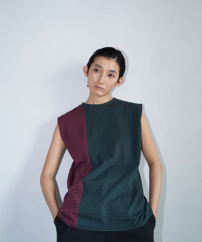 【SAMPLE SALE】Nosleeve Border Tops/GREENBORDEAUX